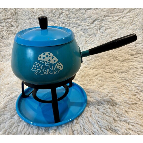 Unbranded Other - VINTAGE Midcentury Japan 4 Pc Blue Mushroom Fondue Set - 2Qt Pot/Lid/Stand/Tray
